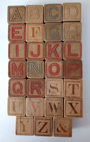 Antique Vtg Embossed Wood Blocks Alphabet Animal Graphics Set 27