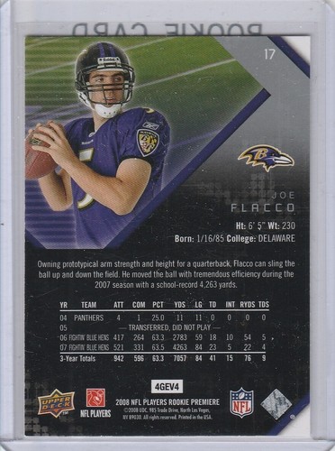 Tarjeta de novato Joe Flacco 2008 Upper Deck Premiere fútbol americano Baltimore Ravens RC - Imagen 2 de 2