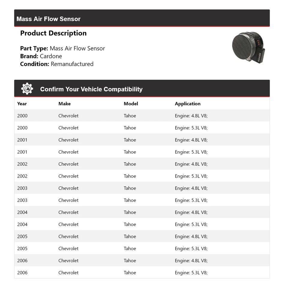 Sensor de flujo de aire masivo Cardone 2001 2002 2003 2004 para Chevrolet Tahoe 2000-2006 Foto 2 de 4