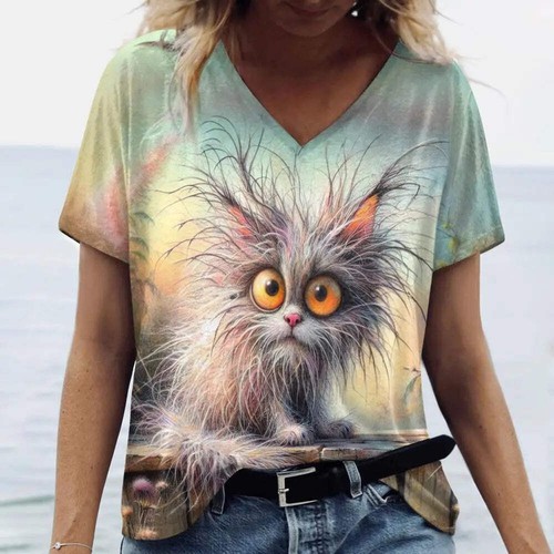 Women’s 3D Cat Print T-Shirt Casual Oversized Tee, Short Sleeve Crew Neck Street - Picture 91 of 124