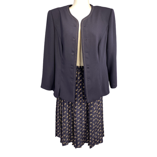 De Colección Leslie Fay Mujer Talla 10P 3 piezas Falda Chaqueta Bufanda Azul y Beige Estampado Cuadrado - Imagen 8 de 13