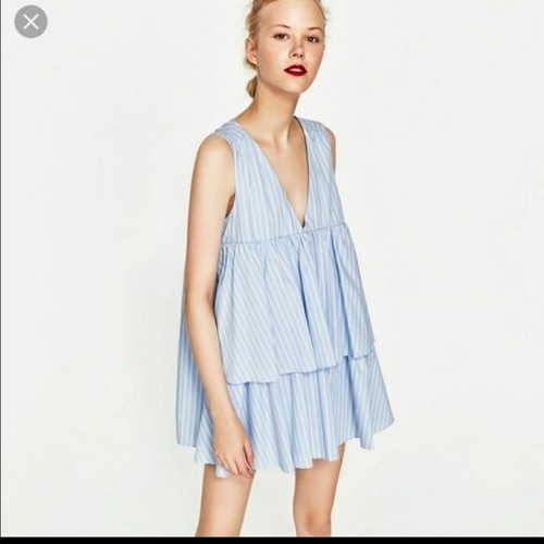 ZARA TRAFALUC Adorable V neck Tiered Striped Ruffle Romper blue white cotton XS - Picture 2 of 7
