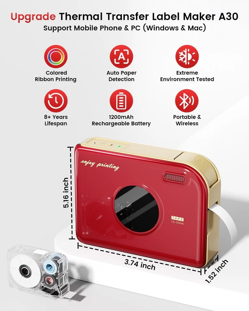 Bluetooth A30 Portable Thermal Label Printer for Wireless Sticker Printing