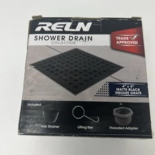 RELN - 4” x 4”  Matte Black Square Shower Drain with Square Pattern Drain Cover