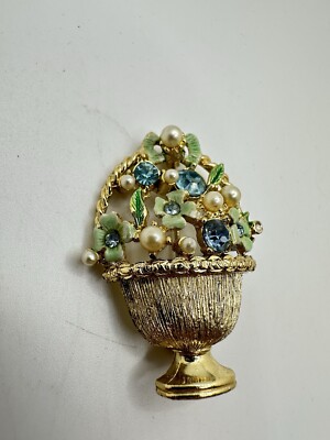 VTG Blue Basket Flowers Faux Pearls Rhinestones Gold Tone Brooch