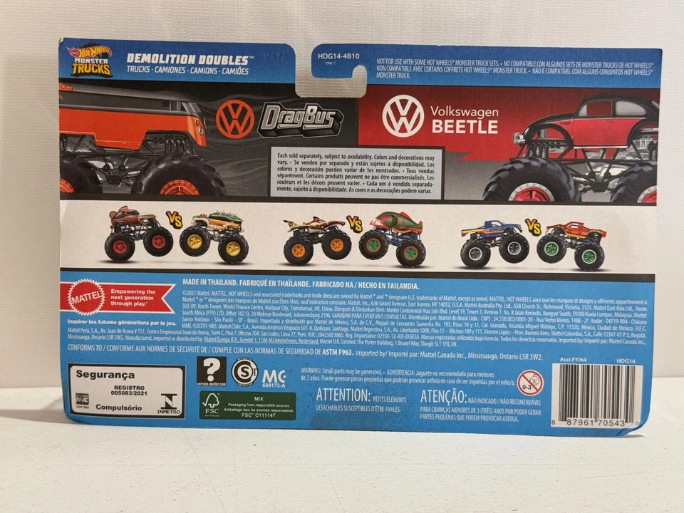 HOT WHEELS MONSTER TRUCKS DEMOLITION DOUBLES DRAGBUS VS VW BEETLE 1/64 2021 NEW - Image 2 of 3