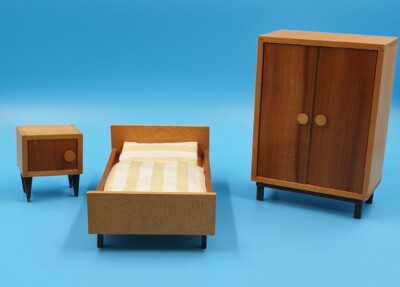 VTG Bodo Hennig Bedroom Set 60s Brown Furniture German Dollhouse