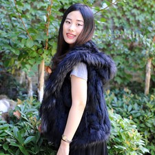 Rabbit Fur Hooded Gilet With Premium Raccoon Fur Trim In Black