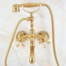 Polished Gold Brass Wall Mount Clawfoot Bath Tub Faucet w/Handheld Shower wna808