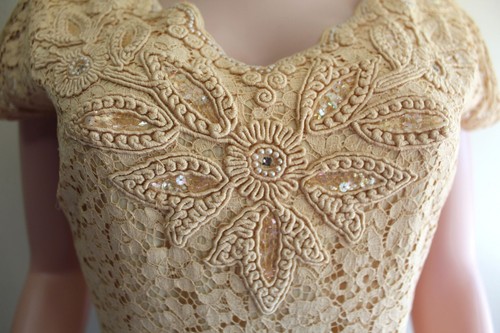 Fit Flare Gown Vintage 40s 50s M Cotton Lace Pale Toffee Zip Embellished Bodice - Picture 7 of 14