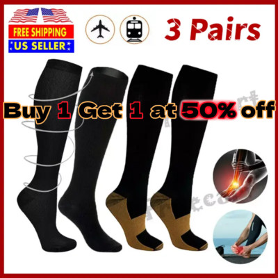 3 Pairs Compression Socks Copper Fit Knee High 20-30mmHg Energy Support Recover