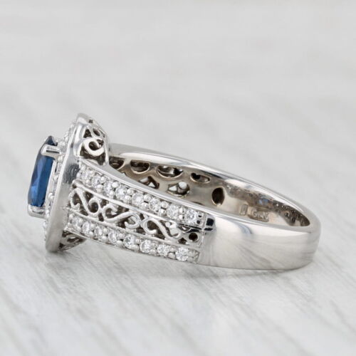 1.39ctw Creado en Laboratorio Zafiro Azul Anillo Diamante Halo 14k Blanco Oro - Imagen 3 de 10
