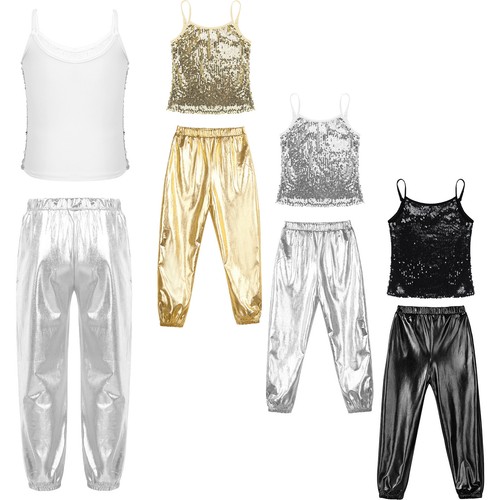 Kids Girls Spaghetti Straps Sparkly Sequined Tank Top with High Waist Pants - Picture 3 of 39
