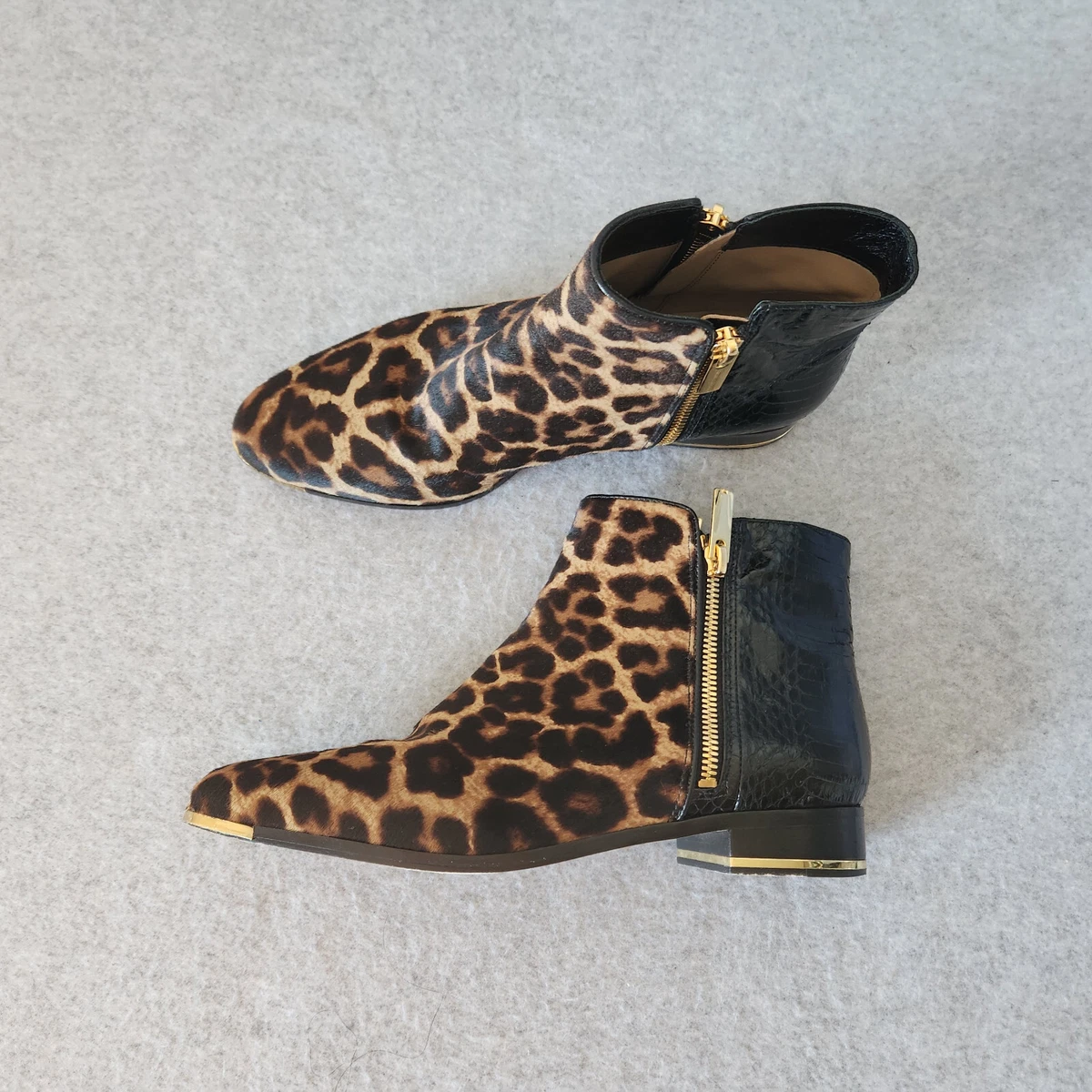 Michael Kors Leopard Calf Hair Leather Ankle Boots Zipper Black