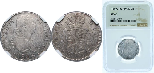 Spain 1806 S CN 2 Reales Silver 806 NGC XF 45