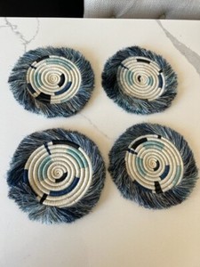 Woven Seagrass Wicker Coasters With Fringe Edges Set of 4 Shades of Blue 6" Dia