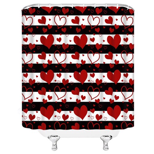 Valentine's Shower Curtain Red Heart Black White Stripes Romantic Love Couple... - Picture 4 of 4