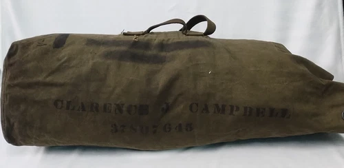 Vintage 1940s US Military WWII WW2 Green Canvas Army Duffle Bag Named & Numbered