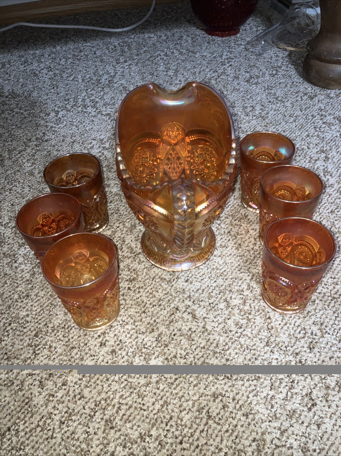 Carnival Glass  Imperial Marigold Water Set 6 Tumblers, 1 Pitcher