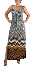 Womens Boho Maxi Tank Dress Striped Chevron Scoop Neck Brown Large