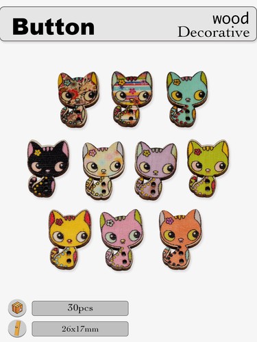 30pcs Cute Cat Wood Buttons for Crafts DIY Sewing Scrapbooking Decor 26x17mm - Picture 4 of 6