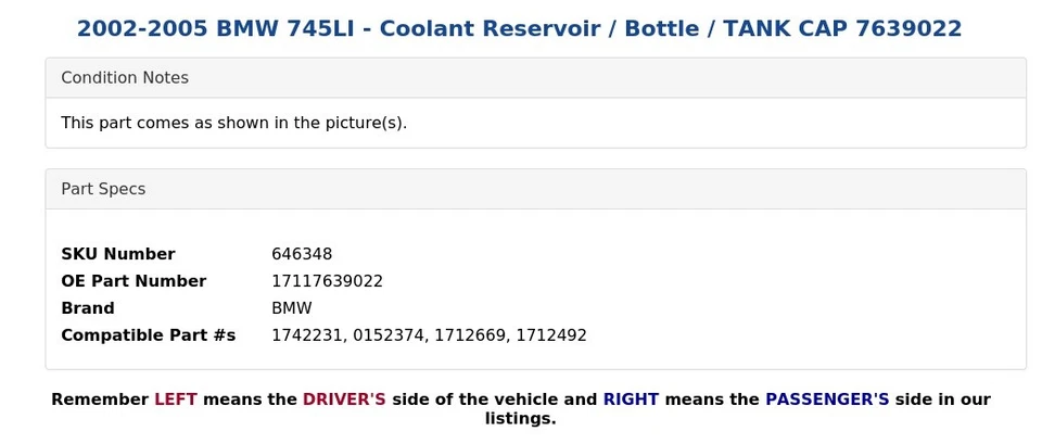 2002-2005 BMW 745LI - резервуар охлаждающей жидкости / бутылка / крышка бака 7639022 - Изображение 4 из 4