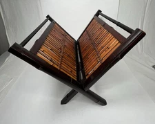 Vintage Bamboo Wicker Rattan Magazine Rack Dark Wood MCM 15” X 17” Folding