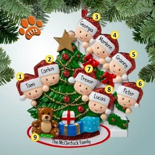 Peeking Around Tree Family - Family of 8 - Personalized Christmas Ornament