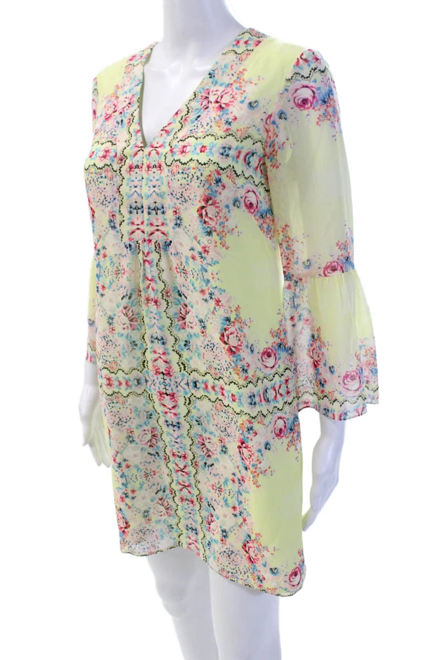 Vestido Nanette Lepore Mujer Seda Estampado Floral Cuello en V Amarillo Multicolor Talla 2 Foto 2 de 4