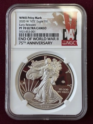 2020-W American Silver Eagle Proof  V75 Privy, End of WWII, NGC PF70 V-Day Label