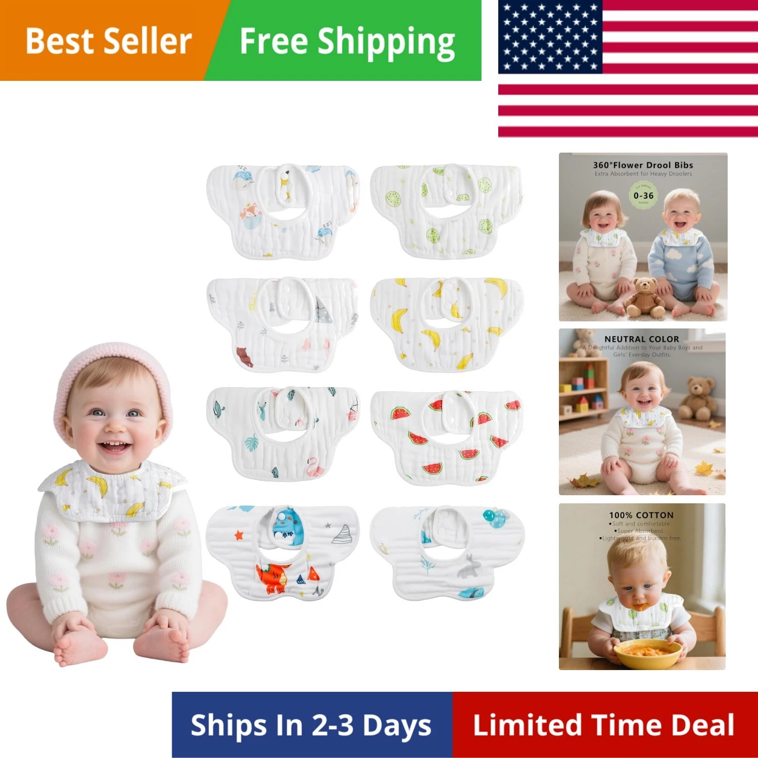 8-Pack 360° Roae Organic Coon Baby Bibs, Newborn Muslin Bibs For eehing And D...