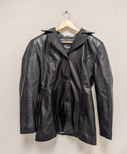 Vintage Wilsons Maxima Black Leather Blazer Jacket Women Size M Purple Liner