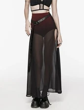 Punk Rave Gothic Casual Mesh Sheer High Slit Maxi Skirt Burgundy XS