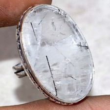 925 Silver Plated Natural Black Rutile Ring Handmade Size US 6.5 GW