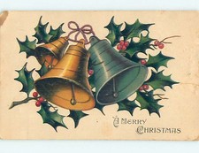 Chipped Divided-Back christmas GOLD AND SILVER BELLS WITH HOLLY 60k cards o4431