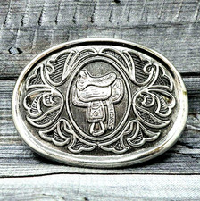 Western Saddle  Scroll Dress Belt Buckle Sportsman Cowboy Cowgirl Vtg 80s .B04