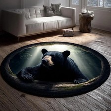 Black Bear Quilted Round Mat, 3D Forest Bear Illusion Floor Decor Rug