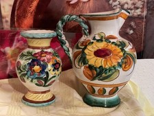 2 Wunderschöne  Vasen/Henkelvase Ton, getöpfert /handbemalt mit bunten Blumen