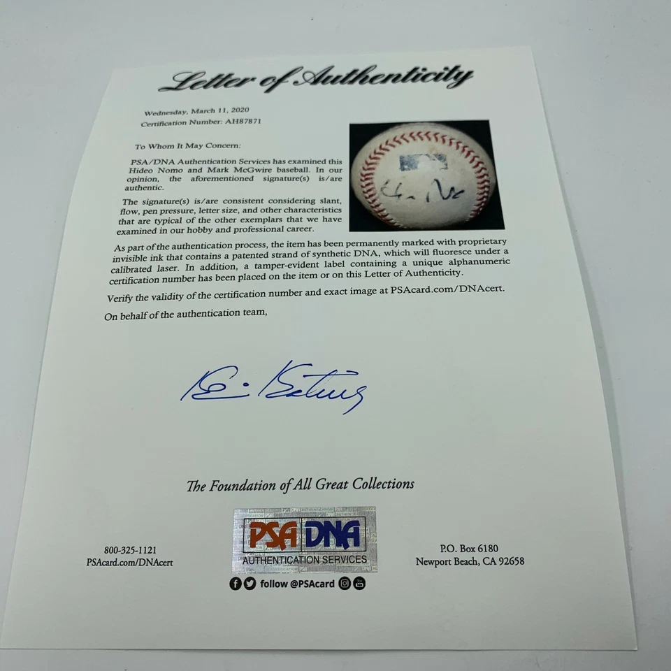 Mark Mcgwire & Hideo Nomo Signed Game Used Major League Baseball PSA DNA COA - Image 4 of 4