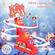 Electric Track Slide Toy Santa Climb Stairs Roller Coaster w/6 Santa,Musical&LED