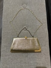Vintage Gold 9x4 Inch Clutch Purse Leaf Bejeweled Metallic Clasp Evening Bag