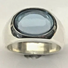 MJG STERLING SILVER MEN'S RING.14 x 10mm OVAL LAB  AQUAMARINE CAB. SZ 10.