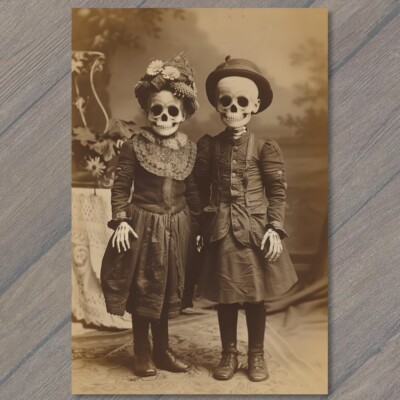 Art Print Kids Children Creepy Skeleton Twins Unreal Halloween Unusual Strange