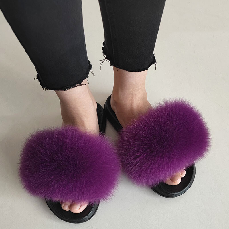 Purple Women's Slides Real Fox Fur Slippers Summer Beach Sandals Shoes  Sliders