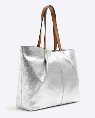 River Island Shopper Tasche Silber Metallic Damen Echtleder Neu