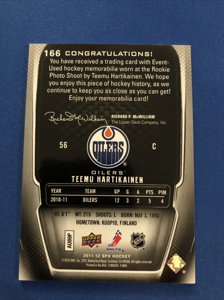 2011-12 SPX Rookies Teemu Hartikainen 166 Edmonton Oilers Blue Jersey - Image 2 of 2