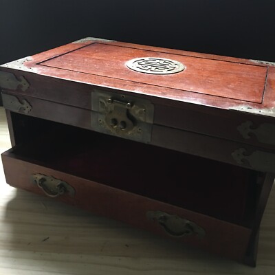 Vintage 1960s Chinese Huali Wood Storage Jewelry Box Case Miss One Drawer 14''L