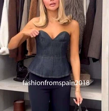 ZARA NEW WOMAN OFF-SHOULDER DENIM PEPLUM BUSTIER TOP ZW BLUE XS-L 2057/223/407