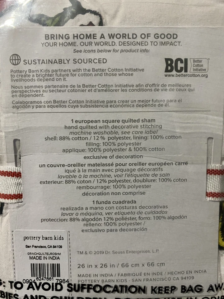 POTTERY BARN NIÑOS ADOLESCENTES Dr. Seuss El Grinch Acolchado Euro Almohada Falsa Navidad Foto 4 de 4