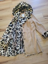 Womens Scandinavian Faux Fur Tiger Mills Leopard Beige Long Hooded Coat Euc L